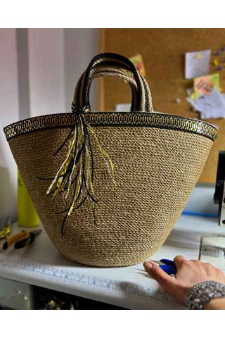 Hasır Çanta, Plaj Çantası, Tasarım Çanta, Siyah Gold Şeritli El Çantası Haki - Siyah