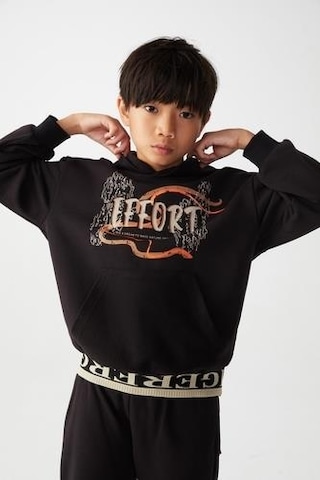 Erkek Çocuk Kapüşonlu Kanguru Cepli Effort Baskılı Sweatshirt-13016-siyah