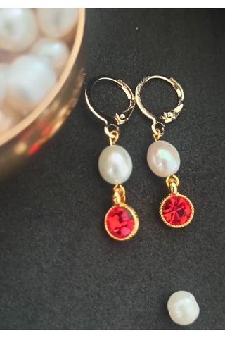 24k Altın Kaplama Gerçek İnci Zirkon Taşlı Kırmızı Tasarım Küpe K Gold