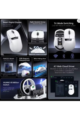Freewolf A7 Kablosuz Dijtal Ekranlı Oyuncu Mouse Paw3311 1000 Hz 24000 Dpı Bluetooth Mouse Diğer