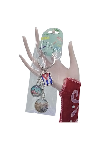 Küba Üçlü Epoksi Metal Çift Taraflı Damla Anahtarlık Cuba Gümüş