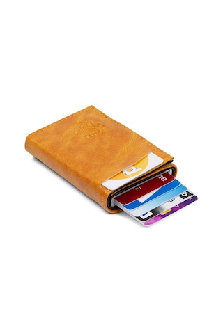 Tuldar Erkek Rfıd Otomatik Çekim Koruyucu Mekanizmalı Kağıt Para Bölmeli Hediyelik Kartlık Cüzdan Tul601 - Turuncu