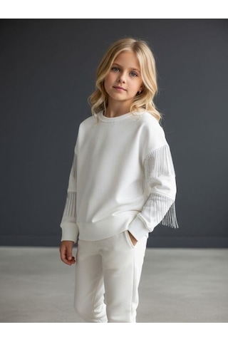 Kız Çocuk Yüzde Yüz Pamuklu İki İplik Zincir Detaylı Sweatshirt-16698 Ekru