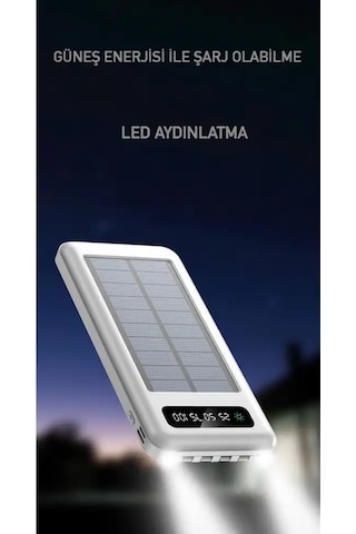 Powerbank10000 Mah Güneş Enerjili Göstergeli Powerbank Solar Fenerli Güneş Enerjili Type C - Lightning - Micro Usb - Usb Kablolu Senalstore Siyah