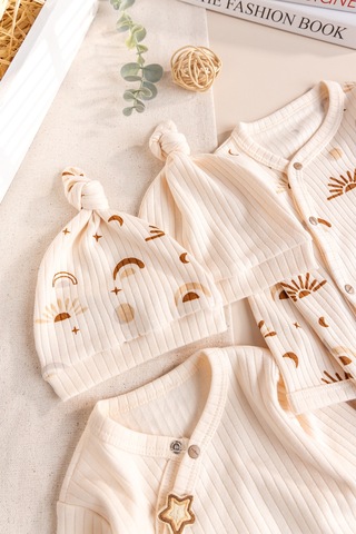 Babymod Güneş Desenli 4'lü 100% Pamuk Kız Erkek Bebek Tulum Set Ekru