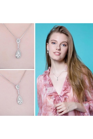 Brezza Lusso Jewelry Zirkon Taşlı Işıltılı Damla Diamond Kadın Gümüş Kolye Küpe Seti