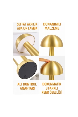 Rigour Mantar Masa Lambası Dokunmatik 3 Renkli Ayarlanabilir Şarjlı 3 Renkli Ayarlanabilir Gold Dekor Lambası