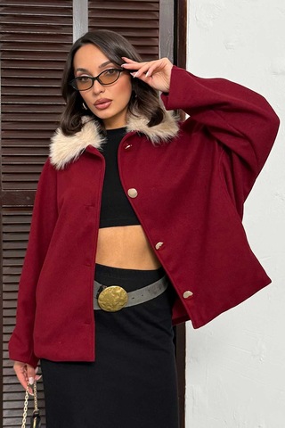 Verymoda Peluş Yakalı Dügmeli Kaşe Mont F2048 Bordo