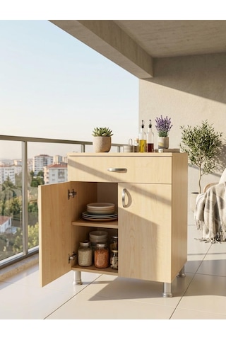 Peak Dizayn 60x58x85 Cm Set Altı Ocak Dolabı 1 Çekmeceli Mutfak Dolabı Ankastre Ocak Alt Modülü Çok Amaçlı Depolama Dolabı Bej