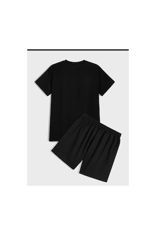 Medinenur Zar Baskılı T-shirt Short Bol Paça Rahat Kalıp Siyah Alt Siyah Üst Short Takım Siyah