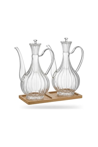 2li Cam Yağdanlık 750ml+750 Ml Glory Çizgili Bambu Stantlı Borosilikat Sirkelik El Üretimi Yağ, Sirke Ve Sos Şişesi Ç Şeffaf
