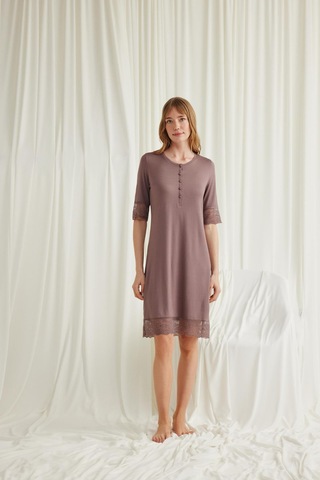 Monamise Kadın Dantel Detaylı Kısa Kollu Ve Önü Düğmeli Gecelik 18606-Kahve Kahverengi