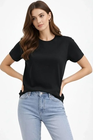 İkales Bisiklet Yaka Tişört Regular Kalıp Basic Pamuklu Günlük Kullanım T-shirt - Siyah