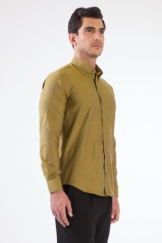 Dufy Koyu Sarı Erkek Slim Fit Düz Brent Düğmeli Yaka Uzun Kol Gömlek - 102489 Koyu Sarı