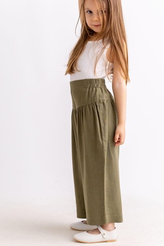 Oliventhekid Korsajlı Büzgülü Keten Kız Çocuk Pantolon Haki Haki