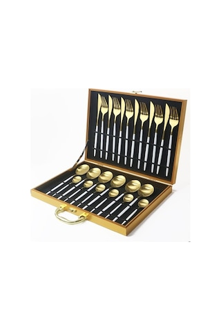 Pazly Siyah Sofra Kutusu Yemek Takımı Seti 24 Adet Antioksidatif Ahşap Çatal Bıçak Takımı Altın Siyah Gümüş Saklama Kutusu Siyah