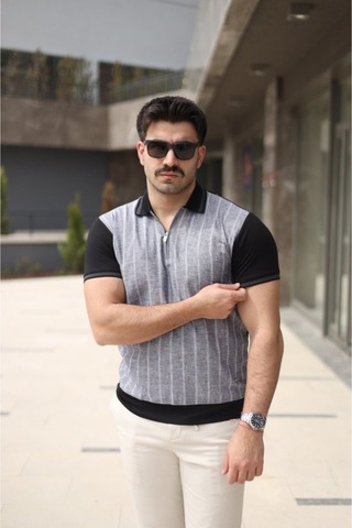 Butik İstanbul Erkek Polo Yaka Fermuar Detaylı Çizgili Tişört Siyah