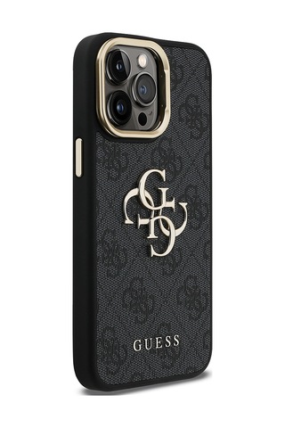 Apple iPhone 14 Pro Max Uyumlu Kılıf Guess Lisanslı Metal 4g Ve Yazı Logolu Kamera Standlı Kapak Siyah