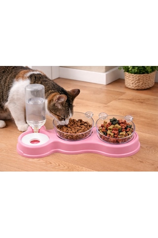 Petesia Çift Hazneli 3 Lü Kedi Ve Köpek Mama & Su Kabı Otomatik Su Hazneli, 500 Ml