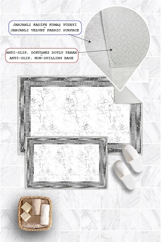 Çerçeveli Modern Desenli Dijital Baskılı Yıkanabilir 2li Banyo Paspası Gri