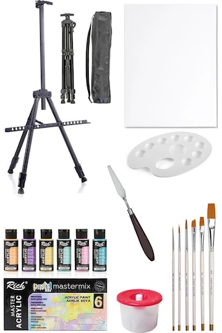Rich Mastermix Akrilik Boya Seti 6 Pastel Renk 3 Ayaklı Şövale 35x50 Tuval Metal Şövale Metal Spatül