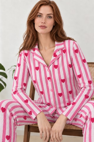 Womanandkids Night Pembe Kadın Uzun Kollu Gömlek Yaka Çizgili Kalpli Pijama Takımı 4770
