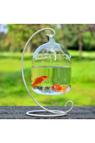 Vkemall El Sanatı Cam Akvaryum - Askı Desenli Beyaz Açık, Ev Dekorasyonu, 15cm Yüksekli Kli , Transparent Cam