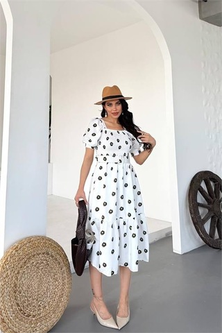 Neşeli Butik Kadın Kemerli Kare Yaka Çiçekli Midi Boy Elbise Nbks4104 Beyaz