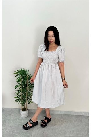 Simli Moda Çizgili Göğsü Lastikli Gri Elbise