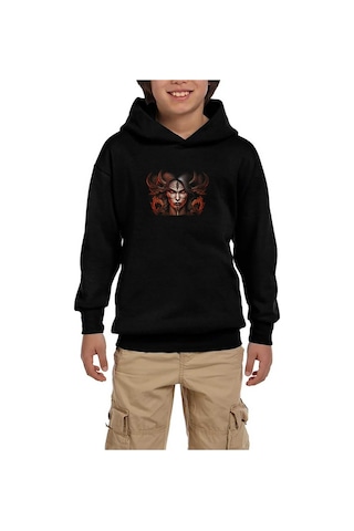 Zepplin Giyim Diablo IV Lilith Face Siyah Çocuk Kapşonlu Sweatshirt Siyah