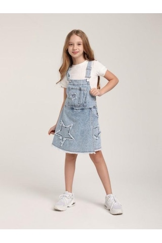 Kız Çocuk Yıldız Desenli Kot Şort Etek Salopet-15639 Mavi