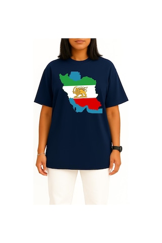 Bahriyeli Collection Oversize İran Bayraklı Harita Göğüs Baskılı Unisex T-shirt Lacivert