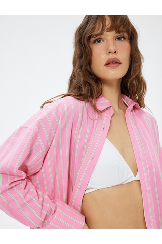 Koton Koton X Sibil Çetinkaya - Plaj Elbisesi Gömlek Uzun Kollu Cep Detaylı Pembe 4sak80056mw Gül