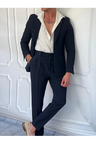 Modefendi Özel Seri %100 Gofre Kumaş İtalyan Kesim Pileli Modern Fit Takım Elbise Lacivert