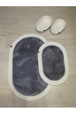 Senza Atelier Lüks 4 Lü Banyo & Antre Seti Krem Halat Çerçeveli, Gri Peluş Dokulu Paspas Takımı Ve 2 Li Sepet Açık Gri - Antrasit