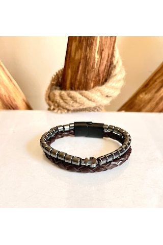 Çıpa Figürlü Hematit&%100 Deri Kahverengi Erkek Bileklik 21cm Kahverengi