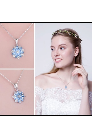 Brezza Lusso Jewelry  Aquamarin Taşlı Pırlanta Model Lotus Çiçeği Kadın Gümüş Kolye 45 CM 45 CM