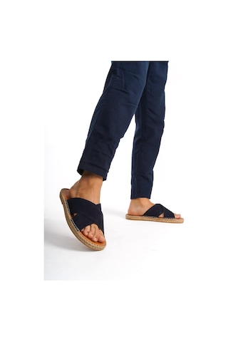 Mubiano Hakiki Deri Summer Erkek Süet Çapraz Bantlı Jüt Taban Lacivert Espadril Terlik -mssr5959-lcv Lacivert