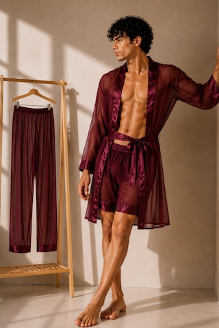 Qmen Style Erkek Şifon Kimono- Pijama - Şort Seti Bordo