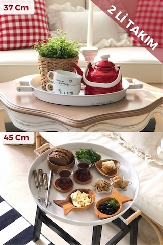 2'li Ahşap Kulplu 45 Cm Metal Tepsi Ve 37 Cm Beyaz Tepsi Çay Kahve Sunum Tepsisi Beyaz