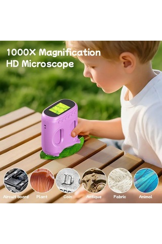 387 Mor 2'si 1 Arada Dijital Çocuk Mikroskobu & Dürbün - 1000x Büyütme, 1000 Metre Menzil, 2 Mp Full Hd Ekranlı Eğitici Bilim Kiti