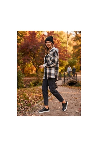 Polologin Butik Kadın Siyah-hardal-krem Ekose Oduncu Gömlek Gri Kapşonlu Oversize Kışlık / Sonbaharlık Gömlek Ceket Siyah