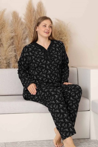 Siyah Çiçekli Dantel Detaylı V Yaka Düğmeli Mevsimlik Pamuk Likra Uzun Kol Pijama Takımı-geniş Kalıp Siyah Desenli