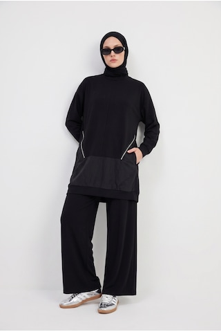 Armine Trend Fermuar Detaylı Uzun Tunik Ve Pantolonlu İkili Takım Siyah 26yt690