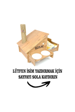 Ahşap Kedi Evi - Mama Kabı-özel Isim Baskılı-meşe Mdf- Beyaz Seramik Kase 2 400ml- Tırmalama Çubuklu