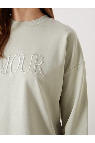 Lcw Modest Gri Bisiklet Yaka Nakışlı Oversize Kadın Sweatshirt Tunik