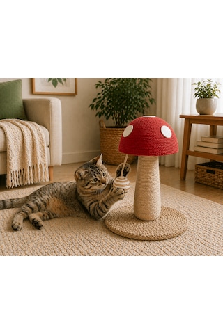 Pureza Kırmızı Mantar Tasarımlı Kedi Tırmalama Ve Oyuncak Standı Interaktif Kedi Oyuncağı