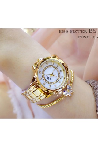 Vkemall Kadınlar İçin Doğal Perle Ve Taşlı Zırhlı Kol Saati - Basit Zekice Yüksek Kaliteli Su Geçirmez Kuvars Hareketli Moda Saati - Altın Rengi Diğer