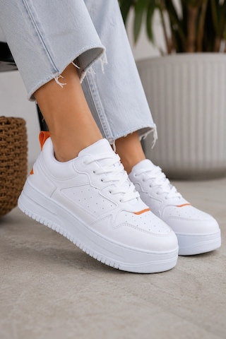 Mevese Avela Kalın Taban Bağcıklı Günlük Kadın Sneaker Beyaz Turuncu Detaylı