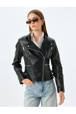 Koton Fermuarlı Cepli Kruvaze Suni Deri Biker Ceket Siyah 5sak20011ew